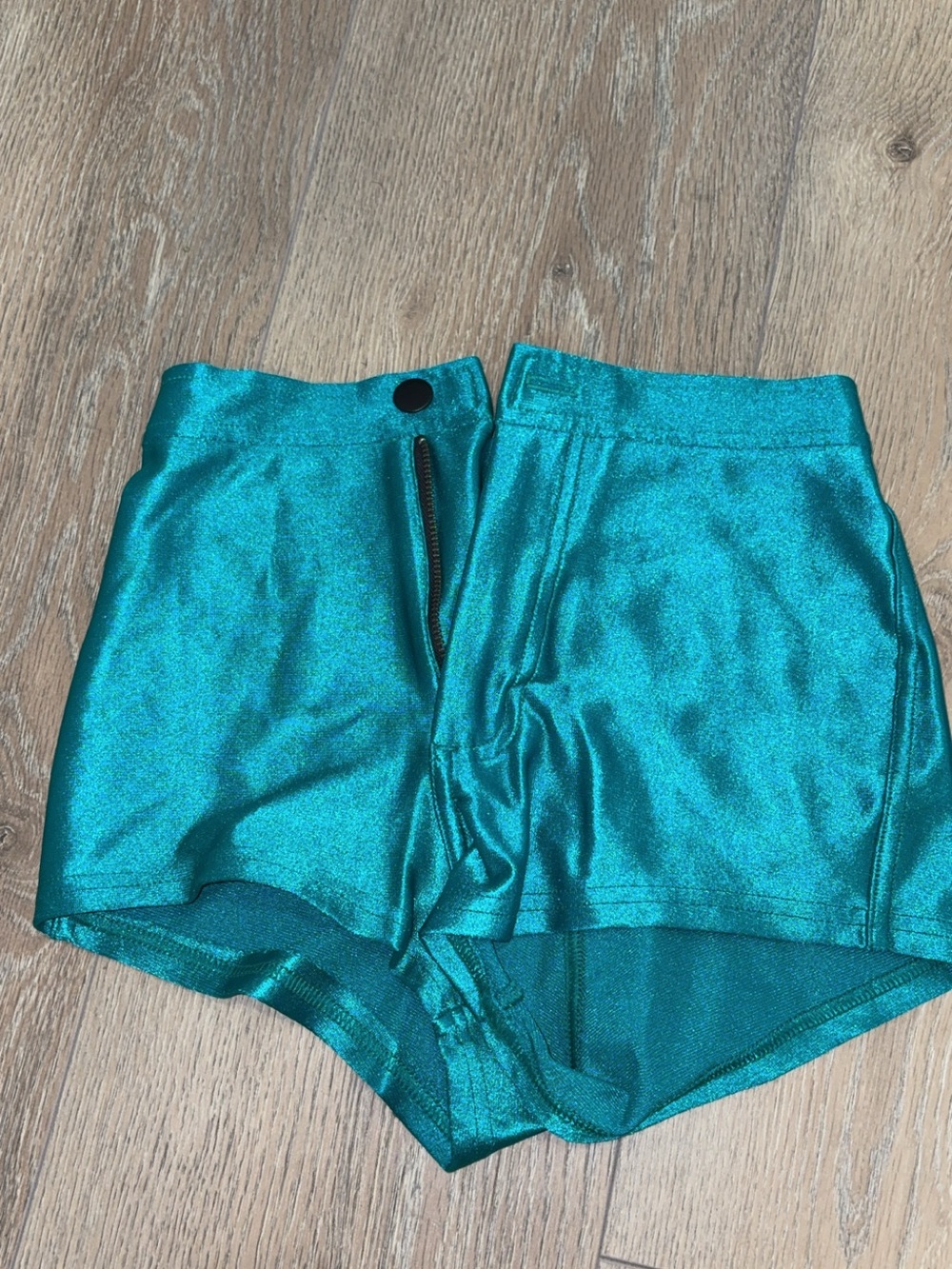 American Apparel Shimmery Teal High-Waist Shorts